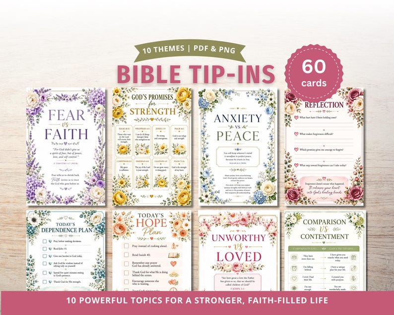 May include: A set of 60 Bible tip-in cards featuring 10 themes, including Fear vs Faith, God's Promises for Strength, Anxiety vs Peace, Reflection, Today's Dependence Plan, Today's Hope Plan, Unworthy vs Loved, and Comparison vs Contentment.