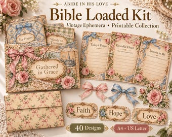 Vintage Bible Journaling Kit Printable PDF, Loaded Bible Kit, Christian Ephemera, Scripture Cards, Bible Tabs & Bookmarks