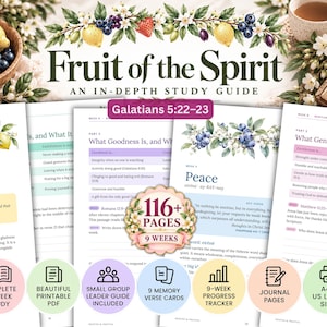 May include: A Fruit of the Spirit study guide featuring pages with floral illustrations, text including Galatians 5:22-23, and circular icons detailing 116+ pages, 9 weeks, a printable PDF, small group guide, memory cards, progress tracker, and journal pages.