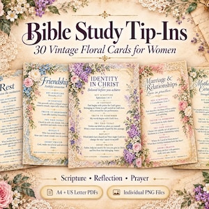 Puede incluir: Un conjunto de 30 tarjetas de estudio bíblico de estilo vintage con bordes florales y texto. Las tarjetas incluyen títulos como Rest, Friendship, Identity in Christ, Marriage & Relationships y Motherhood & Caregiving, con secciones de escritura, reflexión y oración.