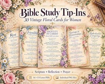 May include: A set of 30 vintage-style Bible study tip-in cards featuring floral borders and text. The cards include titles like Rest, Friendship, Identity in Christ, Marriage & Relationships, and Motherhood & Caregiving, with scripture, reflection, and prayer sections.