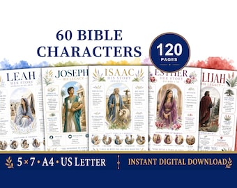 Paquete de 60 resúmenes de personajes bíblicos para imprimir / Información adicional sobre personajes bíblicos / 120 páginas de estudio bíblico para mujeres y hombres / Material imprimible para estudio bíblico