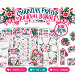 Puede incluir: Un paquete de diario de oración cristiano con 166 páginas, tarjetas y piezas imprimibles. El conjunto incluye un reto de oración de 30 días, hojas de oración matutina y listas decoradas con flores rosas, hojas verdes y cintas a cuadros.