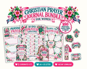 May include: A Christian prayer journal bundle featuring 166 printable pages, cards, and pieces. The set includes a 30-day prayer challenge, morning prayer sheets, and prayer lists decorated with pink flowers, green leaves, and plaid ribbons.