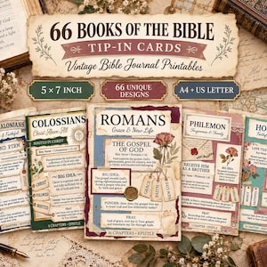 Puede incluir: Un conjunto de 66 tarjetas para la Biblia con diseños de diario vintage. Las tarjetas muestran títulos como Romanos, Colosenses y Oseas con ilustraciones florales, gráficos de sellos de cera y secciones de texto para versículos y oraciones.