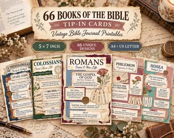 May include: A set of 66 Books of the Bible tip-in cards featuring vintage journal printables. The cards display titles like Romans, Colossians, and Hosea with floral illustrations, wax seal graphics, and text sections for key verses and prayers.