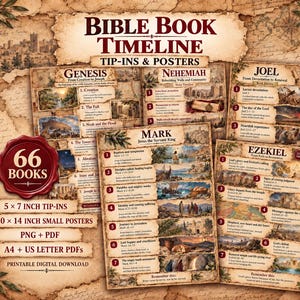 May include: A Bible Book Timeline collection featuring 66 books with tip-ins and posters. The design includes vintage parchment backgrounds, olive branch illustrations, and detailed historical scenes. Text includes 12.7 x 17.8 cm tip-ins, 25.4 x 35.6 cm small posters, PNG, PDF, A4, US Letter PDFs, and printable digital download.