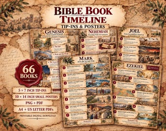 May include: A Bible Book Timeline collection featuring 66 books with tip-ins and posters. The design includes vintage parchment backgrounds, olive branch illustrations, and detailed historical scenes. Text includes 12.7 x 17.8 cm tip-ins, 25.4 x 35.6 cm small posters, PNG, PDF, A4, US Letter PDFs, and printable digital download.