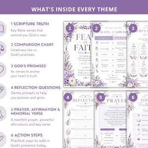 May include: A set of six informational sheets titled Fear vs Faith, featuring purple floral borders and white backgrounds. The content includes scripture truth, a comparison chart, God's promises, reflection questions, prayer, and a daily faith plan.