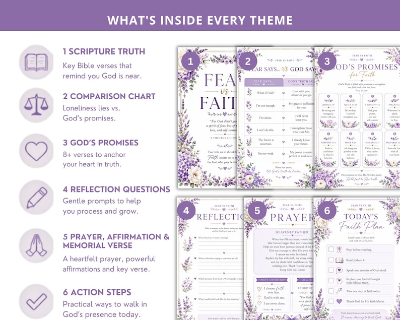 May include: A set of six informational sheets titled Fear vs Faith, featuring purple floral borders and white backgrounds. The content includes scripture truth, a comparison chart, God's promises, reflection questions, prayer, and a daily faith plan.