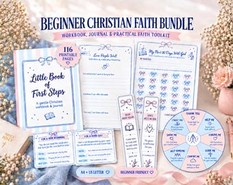 May include: A beginner Christian faith bundle featuring a workbook titled Little Book of First Steps, a 30-day practice sheet, two bookmarks, and a prayer wheel. The set includes 116 printable pages in blue and pink with bow illustrations.