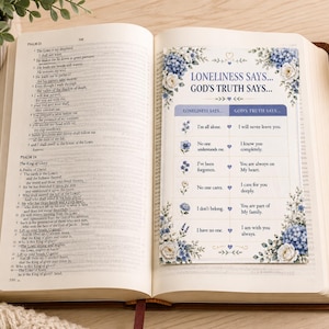 May include: A rectangular bookmark featuring a floral border of blue hydrangeas and white roses. The text reads Loneliness Says... God's Truth Says... followed by a table comparing feelings of isolation with spiritual affirmations in blue and white.