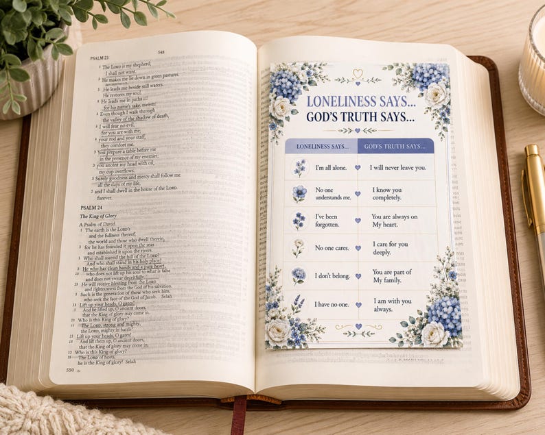 May include: A rectangular bookmark featuring a floral border of blue hydrangeas and white roses. The text reads Loneliness Says... God's Truth Says... followed by a table comparing feelings of isolation with spiritual affirmations in blue and white.