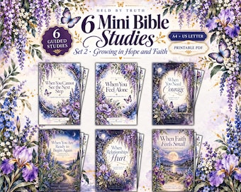 May include: A set of six printable mini Bible studies titled Held By Truth, featuring purple floral illustrations and butterflies. The covers include the text When You Cannot See the Next Step, When You Feel Alone, When You Need Courage, When You Are Ready to Begin Again, When Relationships Hurt, and When Faith Feels Small.