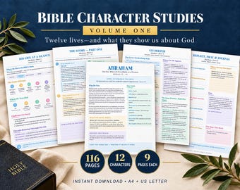 May include: A set of Bible Character Studies Volume One worksheets featuring twelve lives and what they show us about God. The pages include sections titled His Life at a Glance, The Story, Go Deeper, and Reflect, Pray and Journal, with 116 pages total.