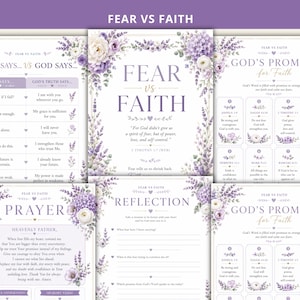 May include: A collection of five white printable sheets titled Fear vs Faith, God's Promises, Prayer, and Reflection. Each page features purple floral illustrations of lavender and roses, with text sections for spiritual guidance, daily affirmations, and written notes.
