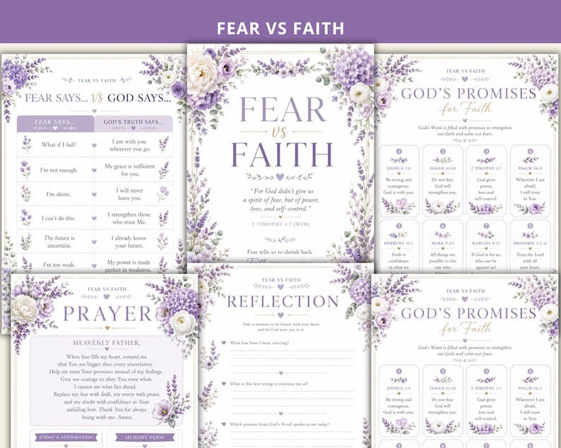May include: A collection of five white printable sheets titled Fear vs Faith, God's Promises, Prayer, and Reflection. Each page features purple floral illustrations of lavender and roses, with text sections for spiritual guidance, daily affirmations, and written notes.