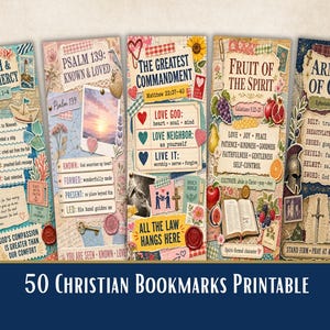 May include: A set of five vertical rectangular bookmarks featuring collage-style designs with religious themes, including text such as Jonah & God's Mercy, Psalm 139, The Greatest Commandment, Fruit of the Spirit, and Armor of God, with floral and vintage accents.