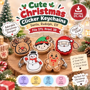 Puede incluir: Cinco llaveros con mecanismo de clic, archivos STL digitales imprimibles en 3D, con personajes navideños que incluyen un reno, un elfo, Santa Claus, un muñeco de nieve y un hombre de jengibre, cada uno con una anilla metálica.