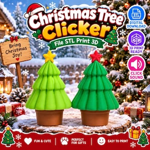 Può includere: Due giocattoli a forma di albero di Natale stampati in 3D in vasi marroni, uno verde chiaro con una stella gialla e uno verde scuro con una stella rossa. Il testo recita Christmas Tree Clicker, File STL Print 3D, Bring Christmas Joy, Digital Download, 3D Print Ready, Click Sound, Fun & Cute, Perfect for Gifts, Easy to Print.