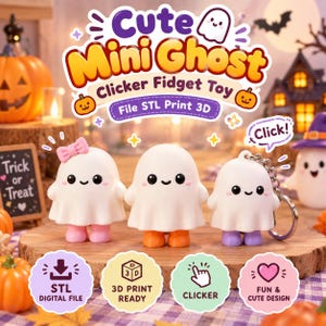 May include: Three white ghost-shaped clicker fidget toys with black eyes and smiles. One has a pink bow and pink feet, one has orange feet, and one has purple feet with a metal keychain attached. Text reads Cute Mini Ghost Clicker Fidget Toy.