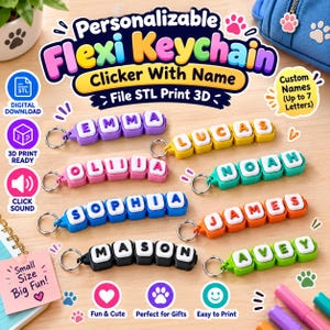 Op de afbeelding: Een collectie van 3D-geprinte flexi-sleutelhangers bestaande uit individuele blokjes met letters die namen vormen zoals Emma, Lucas, Olivia, Noah, Sophia, James, Mason en Avey. Elke sleutelhanger heeft een metalen ring en maakt een klikgeluid.