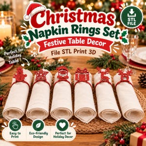 May include: A set of six red glittery napkin rings featuring Christmas-themed shapes including a snowman, star, Santa Claus, gift box, and two reindeer designs, each encircling a rolled beige linen napkin on a woven placemat.