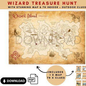 Mapa y pistas de Wizard Treasure Hunt, descarga digital, juego mágico para niños, actividad de fiesta para niños, mapa pirata, mapa mágico, brujas y magos.