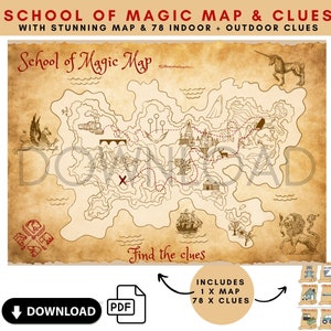 Carte et indices de chasse au trésor de l'école de magie, téléchargement numérique, jeu Magical Kids, activité pour enfants, carte pirate, carte magique, cartes enfants, sorciers