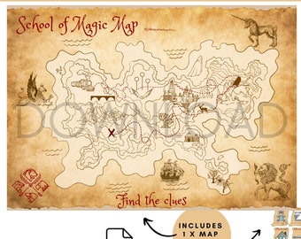 Mappa e indizi della caccia al tesoro della Scuola di Magia, Download digitale, Gioco magico per bambini, Attività per bambini, Mappa dei pirati, Mappa magica, Mappe per bambini, Maghi