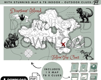 Mappa e indizi per la caccia al tesoro dei dinosauri, download digitale, divertente gioco per famiglie, dinosauri, attività per bambini, mappa dei pirati, mappa del tesoro per bambini!