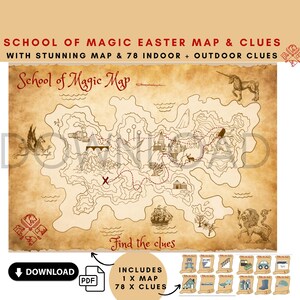 Mapa y pistas de la búsqueda del tesoro de huevos de Pascua de Wizardry, descarga digital, mapa del tesoro para niños, mapa pirata, mapa mágico, búsqueda de Pascua