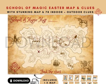 Mappa e indizi della caccia al tesoro delle uova di Pasqua di Wizardry, download digitale, mappa del tesoro per bambini, mappa dei pirati, mappa magica, caccia di Pasqua