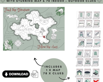 Mappa e indizi della giungla per le vacanze scolastiche, download digitale, gioco per bambini, festa per bambini, mappa dei pirati, tema festa nella giungla, mappa del tesoro per bambini!