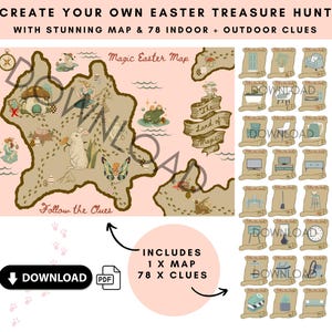 Carte et indices roses de chasse au trésor de Pâques pour les enfants, chasse aux œufs de Pâques, carte au trésor pour enfants, carte magique, carte de pirate, jeu de Pâques, téléchargez dès maintenant.