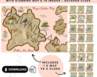 Mappa e indizi per la caccia al tesoro rosa di Pasqua per bambini, caccia alle uova di Pasqua, mappa del tesoro per bambini, mappa magica, mappa dei pirati, gioco di Pasqua, scarica ora.