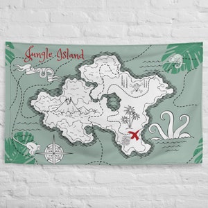 Drapeau mural vintage façon jungle, carte au trésor, oeuvre d'art magique pour chambre d'enfants ou décoration murale de fête ! Drapeau de carte de pirate, pour notre mini Indiana Jones