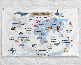 Bandiera della mappa del mondo dei bambini Animale, arredamento della stanza dei ragazzi, bandiera della parete dell'asilo nido, decorazione della camera da letto dei bambini, bandiera della mappa degli animali dei bambini educativa Mappe dei bambini