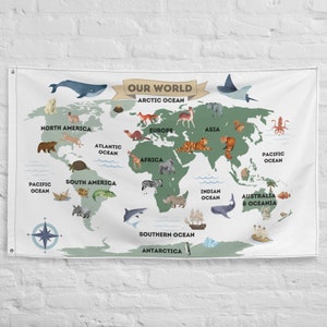 May include: A green and white world map with animal illustrations representing each continent. The map includes the names of the continents and oceans. The title of the map is "Our World".