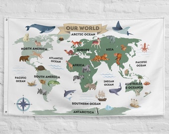 Mappa del mondo per bambini Bandiera degli animali, arredamento della stanza dei bambini, camera dei bambini della bandiera della parete, decorazione della camera da letto dei bambini, arte educativa dei bambini, arte dell'asilo nido,