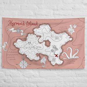 Drapeau mural carte au trésor sirène, oeuvre d'art magique pour chambre d'enfants ou décoration murale de fête ! Drapeau de carte pirate, pour notre mini Indiana Jones, oeuvre d'art pour chambre d'enfant.