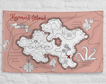 Bandiera da muro con mappa del tesoro della sirena, magica camera da letto artistica per bambini o decorazione da parete per feste! Bandiera Mappa dei Pirati, per il nostro mini Indiana Jones, Nursery art.