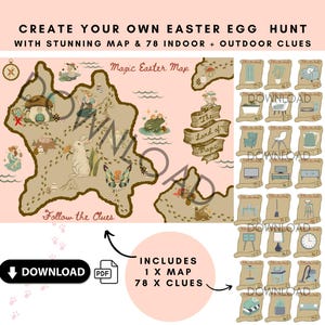 Chasse au trésor aux œufs de Pâques, carte et indices pour enfants, chasse aux œufs de Pâques, carte au trésor pour enfants, carte magique, carte de pirate, chasse de Pâques, téléchargement.