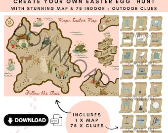 Mappa e indizi per la caccia al tesoro delle uova di Pasqua per bambini, caccia alle uova di Pasqua, mappa del tesoro per bambini, mappa magica, mappa dei pirati, caccia di Pasqua, scaricabile.