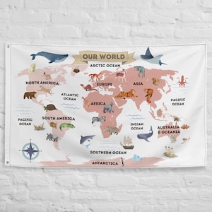 Kinder Weltkarte Tier flagge, Mädchenzimmer Deko, Wand Flagge Kinderzimmer, Kinderzimmer Dekoration, Pädagogische Kinder Tier Karte Flagge KinderKarten