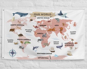 Mappa del mondo per bambini Bandiera degli animali, decorazione della stanza delle ragazze, camera dei bambini della bandiera del muro, decorazione della camera da letto dei bambini, mappa degli animali dei bambini educativa Mappe dei bambini