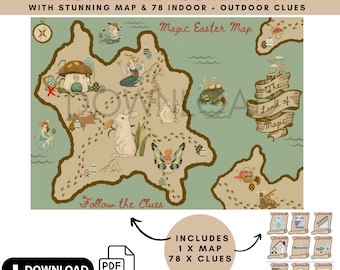 Mappa e indizi per la caccia alle uova di Pasqua per bambini, caccia al tesoro di Pasqua, mappa del tesoro per bambini, mappa magica, mappa dei pirati, gioco di Pasqua, download immediato.