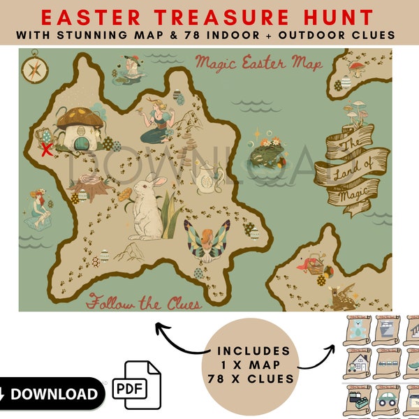 Easter Treasure Hunt Map & Clues for kids, Easter Egg Hunt, Kids game, Magical Map, Pirate Map, Instant digital download.