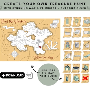 Pirate Treasure Hunt Map & Clues, School Holiday Kids Game, Kids party activity, Pirate Map, Instant download, Treasure map for kids!