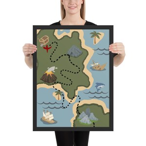 Affiche encadrée de carte au trésor, art mural pour enfants, carte murale de chasse au trésor. Cadre en bois issu de forêts renouvelables